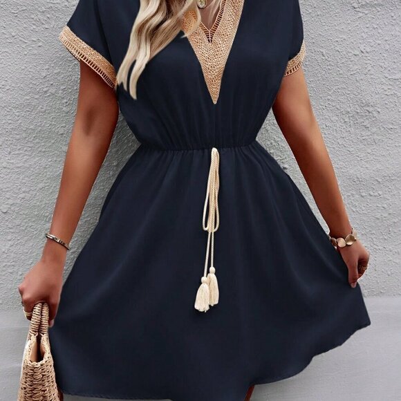 Navy Blue Casual Women's Stylish Summer V-Neck Fringed Belted Dress - Picture 4 of 7